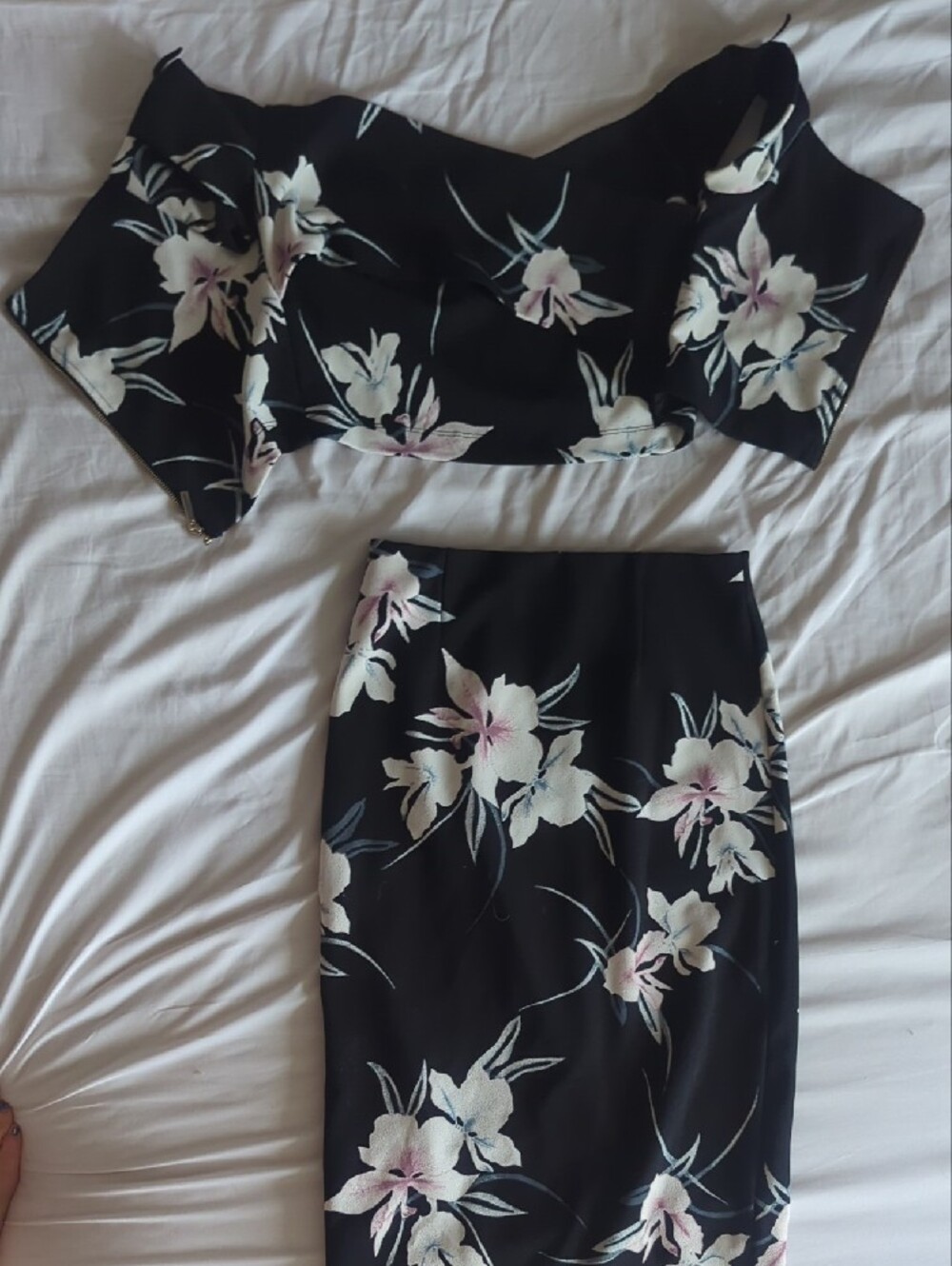 Dynamite Black Floral Two-Piece Midi Skirt Set with Pink Accents - Picture 5 of 7